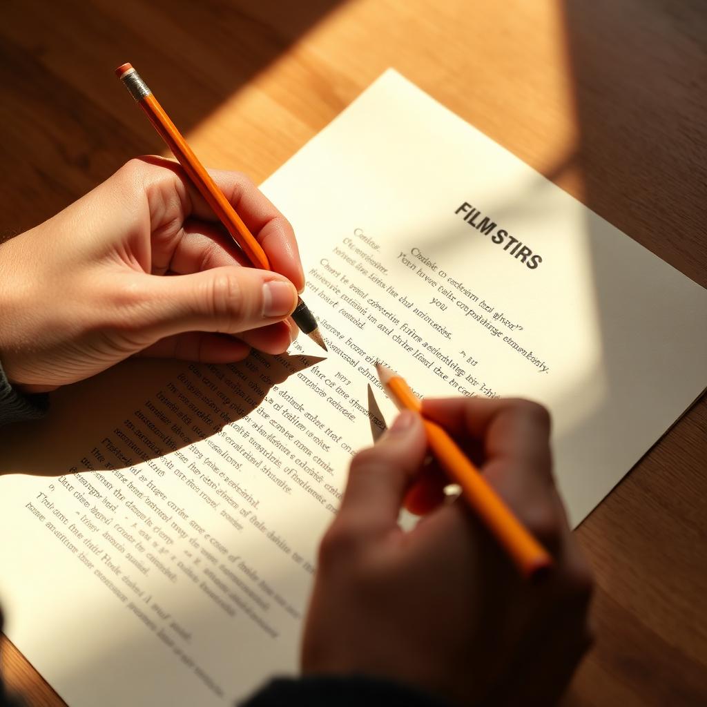 Hands annotating a printed film script with a pencil.